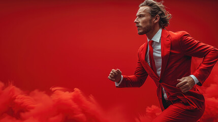 A man in a red suit and a tie is sprinting