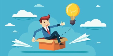 Think outside the box, creativity improvement, idea development, finding innovative solution, open minded leadership concepts. Businessman flying out of the box using balloon and carrying lightbulb