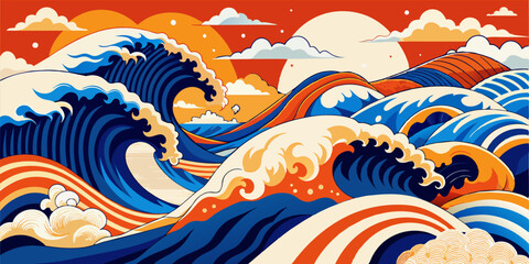 Wall Mural - Modern, retro, traditional and classic Japanese Ukiyo-e style design elements in the style of Katsushika Hokusai with orange, blue and white waves and Japanese paper textures 