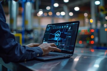 Poster - Machine real-time monitoring software used by engineer hand in smart factory, industry 4th IoT, digital manufacturing operation technology.