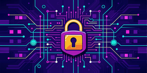 Cyber security concept. Padlock on circuit board background neon purple 