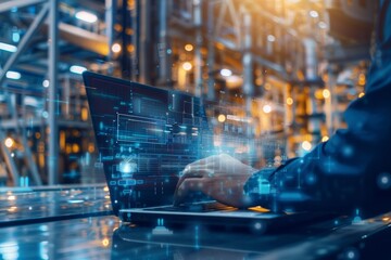 Poster - Using laptop and real-time monitoring system software with blur automation robot arm machine in smart factory Industry IV IoT, digital manufacturing operation technology.