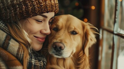 Happy Pet with Owner: Capture a close-up of a happy pet, such as a dog or cat, with its owner, in a cozy home setting. Leave empty space to the right for ad copy.