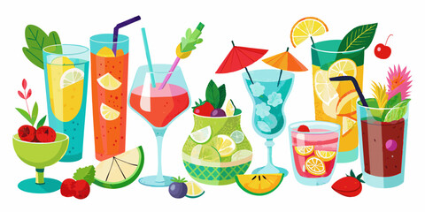 Watercolor illustration of drinks and cocktails collection on white background 