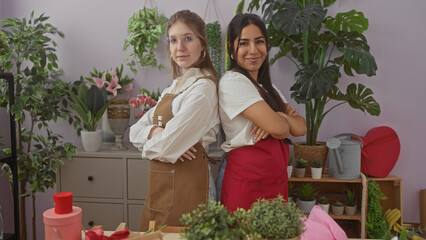 Two women florists standing back-to-back with crossed arms in a flower shop surrounded by plants and gardening tools.