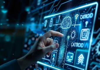 Poster - Presentation about machine learning technology, scientists touching screens, and artificial intelligence