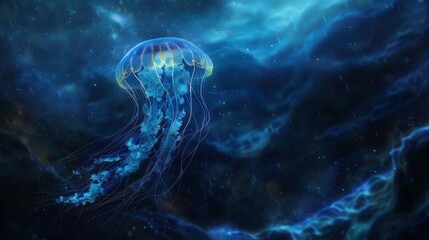 Aufkleber - A lone jellyfish drifting in the open ocean, with a vast and mysterious deep-sea backdrop.