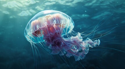 Aufkleber - A lone jellyfish drifting in the open ocean, with a vast and mysterious deep-sea backdrop.