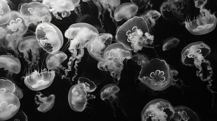 Aufkleber - A school of jellyfish moving in unison, their translucent bodies creating a mesmerizing pattern in the water.