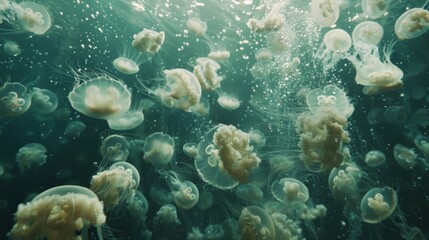 Aufkleber - A school of jellyfish moving in unison, their translucent bodies creating a mesmerizing pattern in the water.