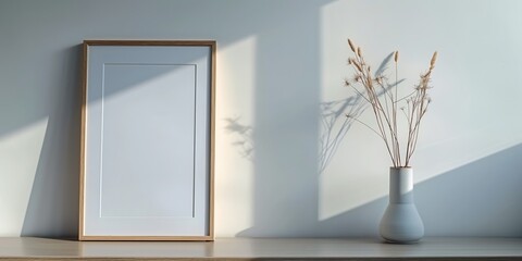 Wall Mural - A white framed picture sits on a table next to a vase of dried flowers, copy space