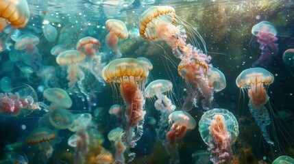 Aufkleber - A swarm of jellyfish pulsating gently in the deep sea, creating an otherworldly underwater landscape.
