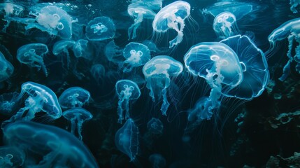 Aufkleber - A swarm of jellyfish pulsating gently in the deep sea, creating an otherworldly underwater landscape.