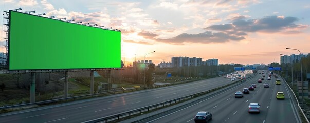 Highway Billboard Mockup Focus on a large highway billboard with a green screen with a busy highway background, empty space left for text