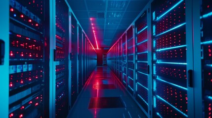 Poster - Multiple rows of fully operational server racks in a data center. Telecommunications, Cloud Computing, Artificial Intelligence, Databases. Peacock Blue and Pink neon lights.
