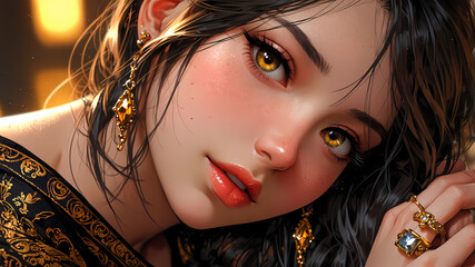 A close-up animated image of a young woman with golden eyes and intricate jewelry. Her dark hair frames her face, and she wears elegant earrings and rings. The background is softly lit, enhancing the 