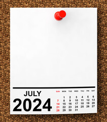 Aufkleber - Calendar July 2024 on Blank Note Paper. 3d Rendering