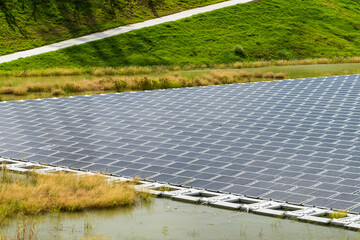 View of the floating Solar power system on the flood detention basin in Kaohsiung, Taiwan.