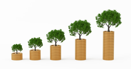 Poster - Saving Money Concept. Stacks of Golden Coin as a Bar Graph with a Tree Plant Growing. 3d Rendering