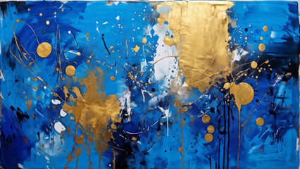 Abstract painting with bright contrast of blue and gold colors. Golden paint is splashed, dripped and brushed on the blue background