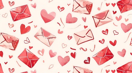 A seamless pattern of hand-painted watercolor illustrations of red and pink hearts and envelopes on a light pink background.