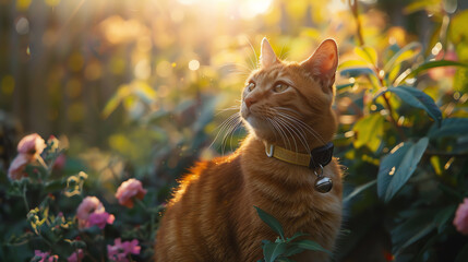 Whimsical atmosphere with a cat wearing a smart collar GPS, vibrant theme, blend mode effect, sunlit garden backdrop