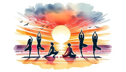Wall Mural - Watercolor illustration for International Yoga Day with a people performing yoga on a beach during sunset.