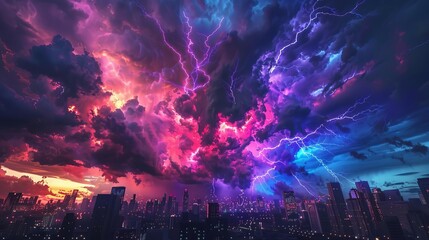 Canvas Print - 3d render of vibrant color splashes and lightning bolts striking ominous storm clouds over city skyline