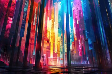 Poster - Vibrant abstract cityscape with striking multicolored vertical lines and geometric patterns creating a futuristic and dynamic visual effect.