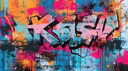 Wall Mural - Colorful graffiti style painting on old wall. The painting is full of bright colors and splashes of paint, giving it a lively and energetic impression
