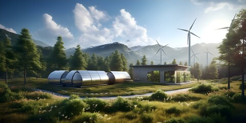 Wall Mural - Innovative concept art of a modern energy storage system integrating wind turbines and solar panels. Concept Renewable Energy Integration, Concept Art, Energy Storage, Wind Turbines, Solar Panels