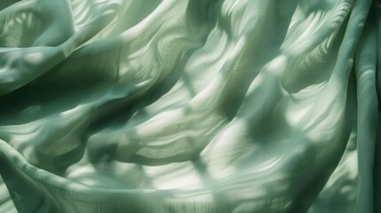 Undulating green silk fabric with light shadows. Abstract textile art photography. Concept of luxury and elegance. Design for wallpaper, background, and textile.