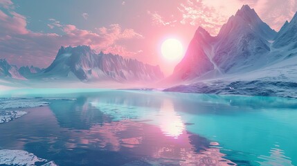 Wall Mural - alien planet landscape with surreal mountains and glowing lake 3d illustration