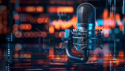 Poster - old-fashioned broadcasting microphone used in voice over recordings or radio station shows on digital background