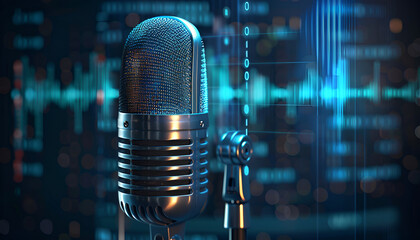 Wall Mural - old-fashioned broadcasting microphone used in voice over recordings or radio station shows on digital background