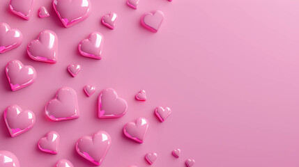 Pink hearts on a pink background. The hearts are glossy and 3D.