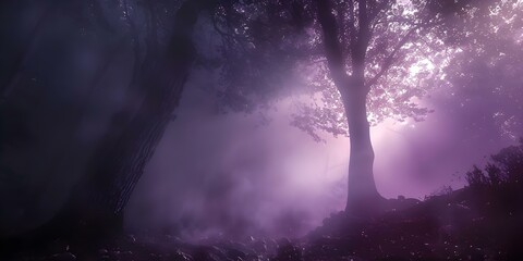 Wall Mural - Apocalyptic Atmosphere: Nighttime Horror Photography in a Foggy Enchanted Forest. Concept Nighttime Photography, Horror Theme, Enchanted Forest, Foggy Atmosphere, Apocalyptic Setting