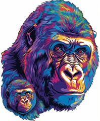 Wall Mural - Gorilla with cub amidst vibrant tropical foliage, bold colors against a dark background.