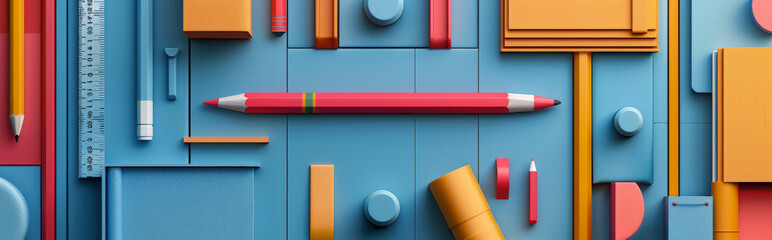 Wall Mural -  modern, minimalist background using negative space to form abstract shapes of school supplies. Focus on silhouettes of a pencil, book, and ruler defined by the surrounding blank space