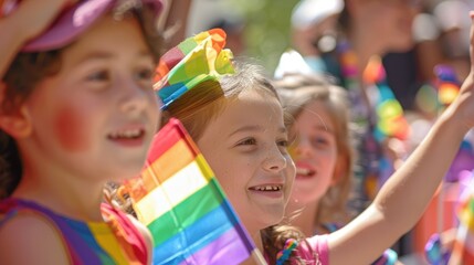 Wall Mural - Vibrant and Joyful Children Waving Flags at Pride Parade