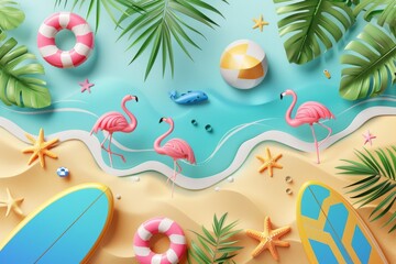 A vibrant summer vector background with 3D flamingo floaters and surfboard beach elements on a sandy island. Perfect for capturing the essence of the beach life.