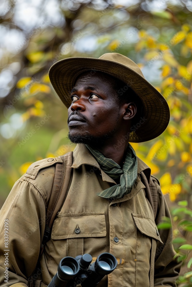 Afro park ranger, uniform and binoculars, in a national park, wild ...