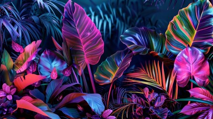 exotic neon jungle vibrant rainbowcolored tropical plants and foliage surreal digital art