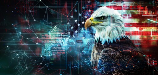 Wall Mural - An artistic depiction of a bald eagle in front of a digital background with a holographic USA flag, celebrating Independence Day, Digital Art, Hightech, Dynamic