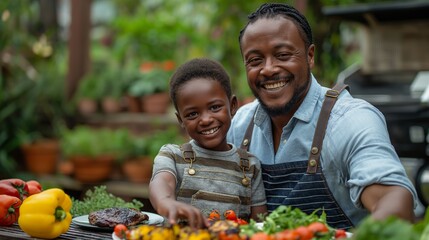 Wall Mural - Father with little son grilling outside during family summer garden party