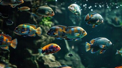 Wall Mural - Beautiful colorful african cichlids swimming