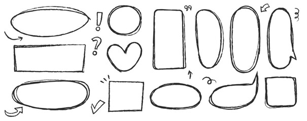 Poster - Set of highlight pen line elements. Black pencil brush. Marker round and elipse and scribble heart and speech bubble. Doodle square frame. Vector png illustration.