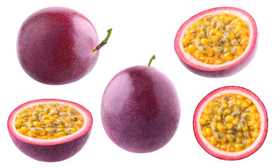 Fototapete - Collection of whole and halved passion fruits (maracuya) isolated on white background