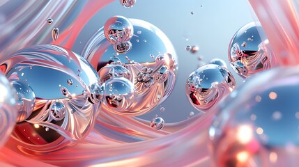 Wall Mural - 3D rendering of a group of reflective spheres floating in a pink and blue liquid.