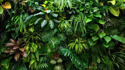 Wall Mural - lush tropical garden walls with vibrant green foliage photo cutouts set